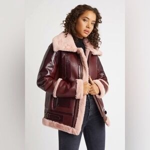 Choosy Burgundy Patent Faux Leather Fur Lined Aviator Moto Jacket XS NWT